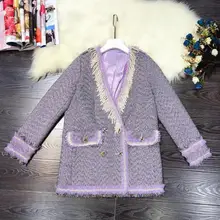 Европейская и американская женская одежда зима стиль длинный рукав бисер V воротник двубортное модное твидовое пальто