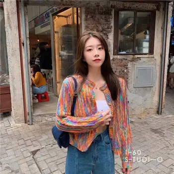 

New Autumn Colorful Sweater Cardigan Women Long Sleeve Button Up Rainbow Sweater Knitted Cardigan Korean Fashion Loose Cardigan