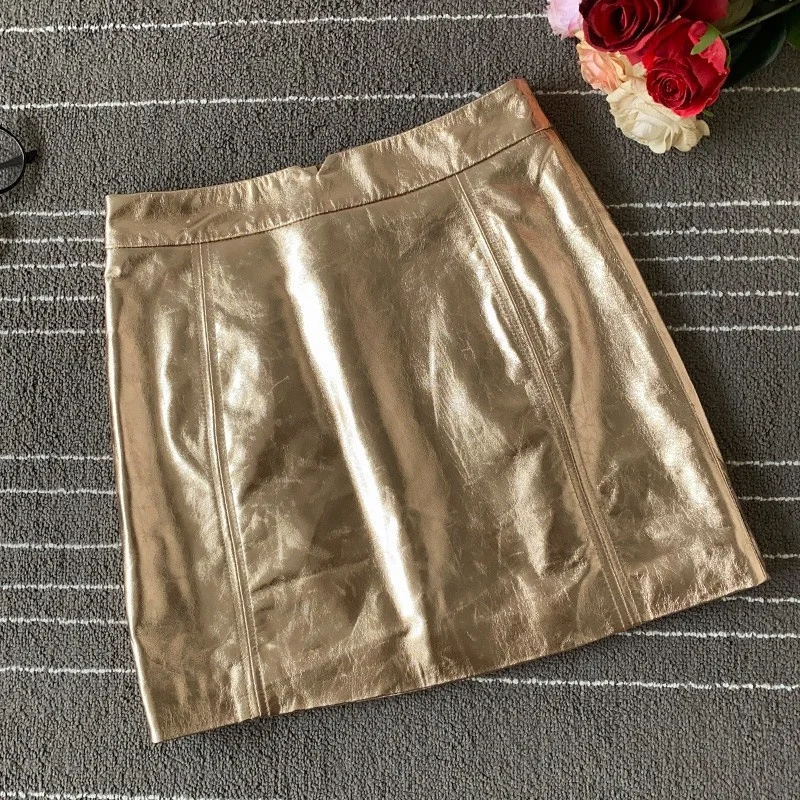 

Дизайнерская Брендовая женская Серебристая юбка с запахом из овечьей кожи, новая облегающая трапециевидная Женская юбка из натуральной кожи в стиле панк с высокой талией