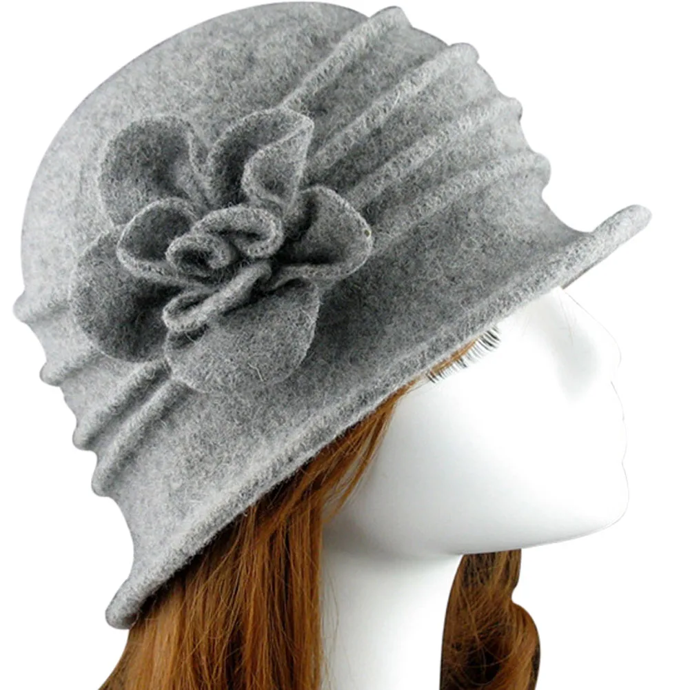 light grey Модная женская шерстяная флоппи-фетровая шляпа с цветочным декором, осенне-зимняя однотонная теплая шапка для мамы FEA889 - Цвет: light grey