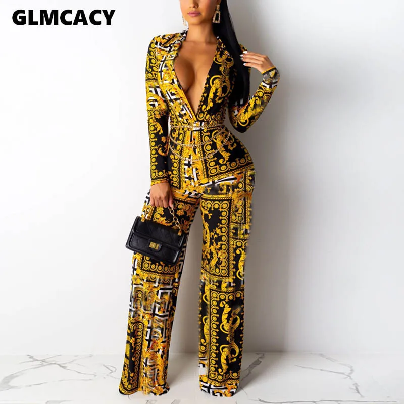 

Women Streetwear Deep V-neck Print Long Sleeve Jumpsuits Autumn Casual Loose Long Sleeve Full Length Pants Women Jumpsuit