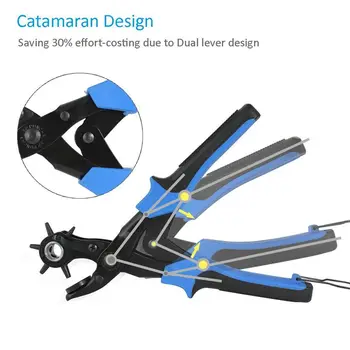 

Leather Hole Punch, Heavy Duty Revolving Punch Plier Tool with 2 Extra Punch Plates and Ruler, Multi Sized Puncher for Belts, Cr