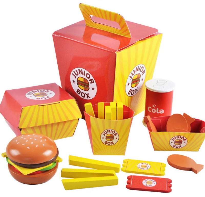 Simulação de Madeira Hamburger Fries Fast Food Mdeol Conjunto Crianças Fingir Jogar Brinquedo Criando Empilhamento Burger Combinações Presentes 7 High Quality Brinquedos e hobbies