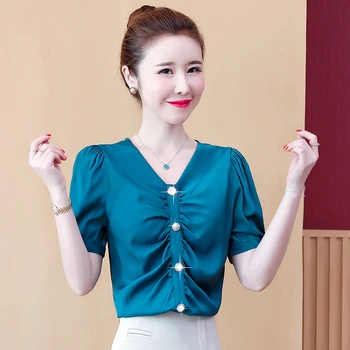 

COIGARSAM Chiffon blouse women New Spring Puff Sleeve V-Neck blusas womens tops and blouses White Peacock Blue 1710