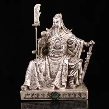 

wedding decoration white copper hand-made inlaid gem gilt silver reading Guan Gong Statue of God of War Guan Yu