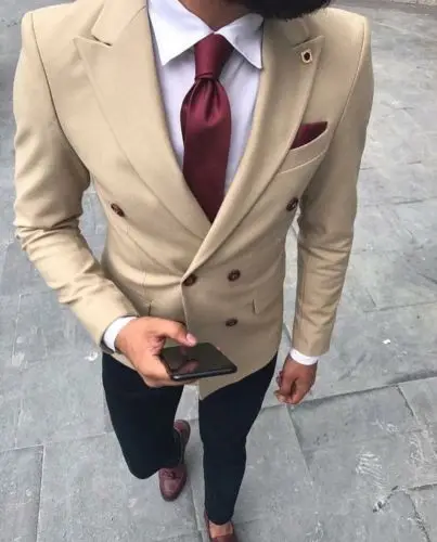 

Fashion Khaki Double Breasted Custom Made Men Suits 2 Pieces Wedding Suits Groom Tailored Made Tuxedo(Jacket+Pant+Tie)