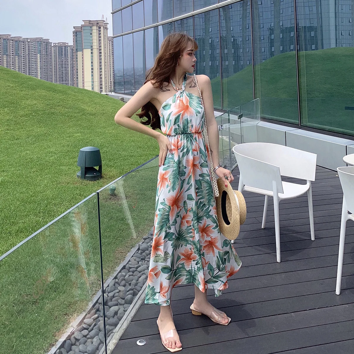 

Photo Shoot Exposed Back Waist Hugging Printed Halter Dress Big Skirt Holiday Skirt Long Skirts Beach Long Skirts Women's