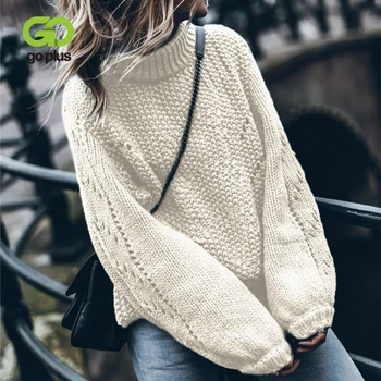 

GOPLUS Autumn Winter Solid Color Woman Sweater Loose Round Neck Long Sleeve Pullover Female Sweater Hook Flower Fashion