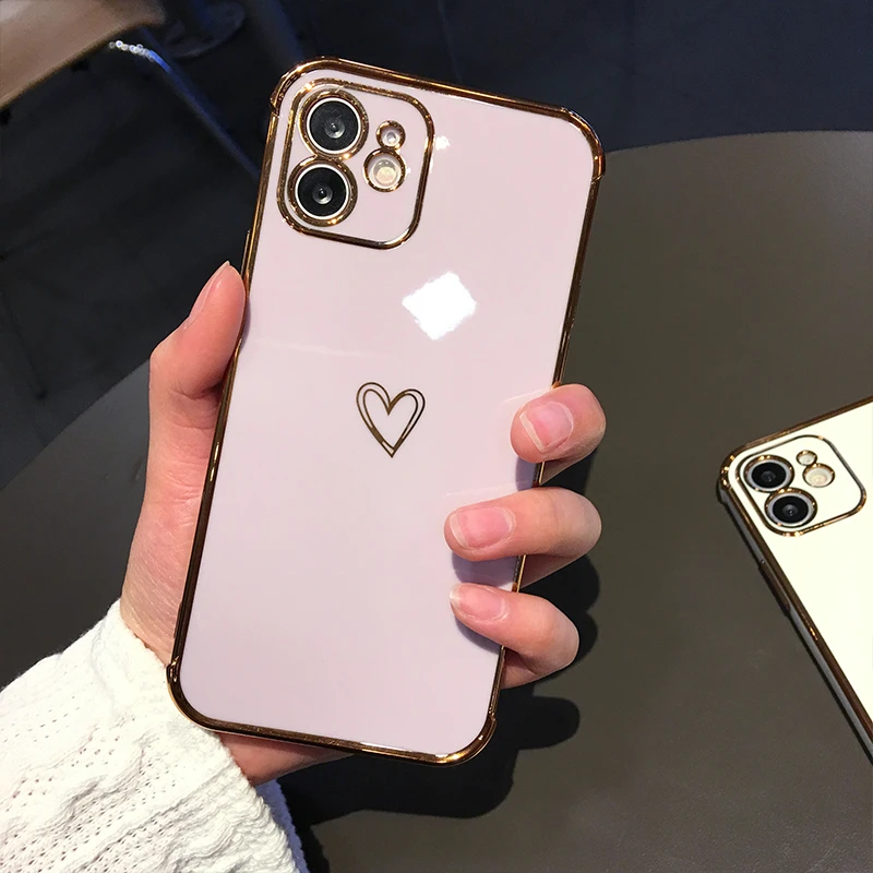 Electroplated love heart Phone Case For iPhone 12 13 11 Pro Max XR XS X XS Max 7 8 Plus Shockproof Protective Back Cover capa