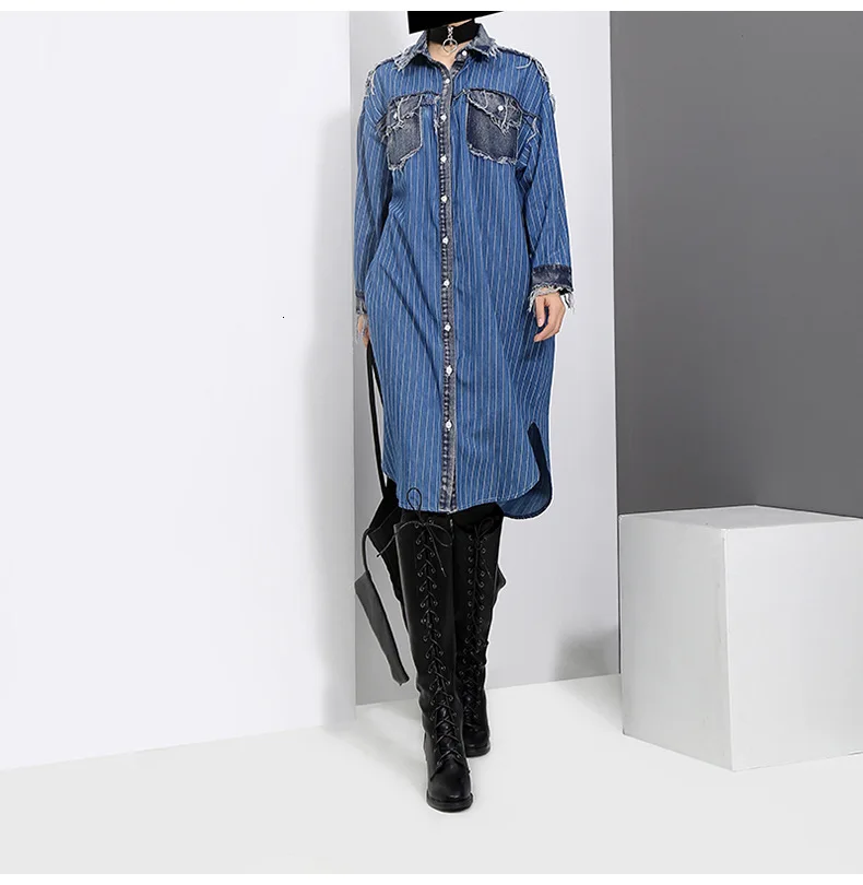 [EAM] Women Blue Striped Denim Big Size Shirt Dress New Lapel Long Sleeve Loose Fit Fashion Tide Spring Autumn 19A-a282