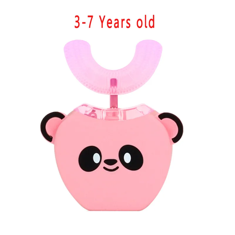 3-7 years Pink 360 градусов детская звуковая электрическая зубная щетка Детская силиконовая Автоматическая умная u-образная ультра звуковая зубная щетка с мультяшным синим светом - Цвет: 3-7 years Pink