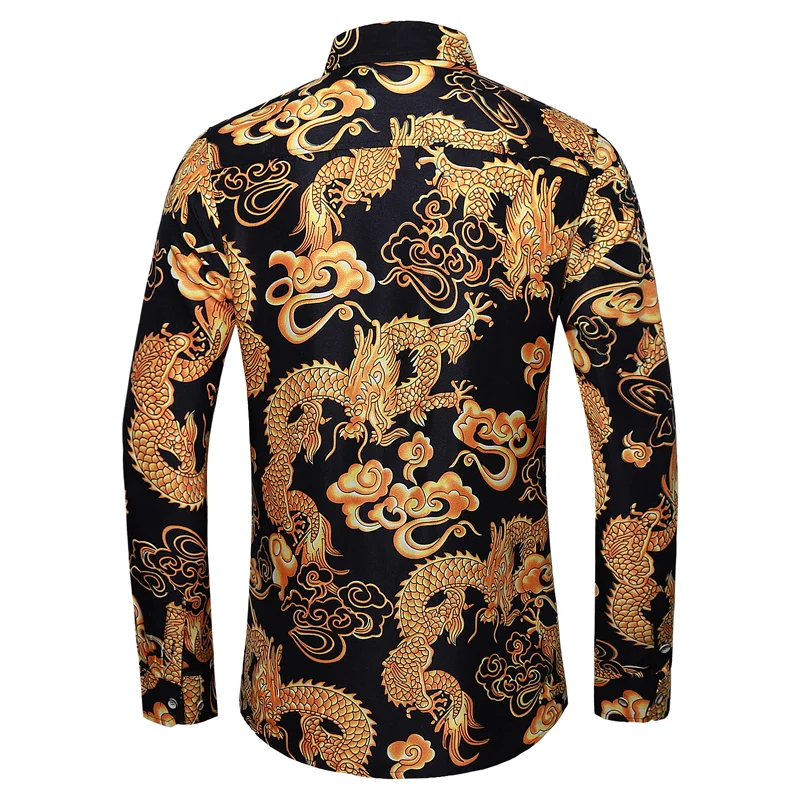 Осенняя мода китайский стиль Мужские рубашки с длинным рукавом с принтом, большие размеры 7xl вышивка в виде дракона; Повседневная рубашка для мужчин - Цвет: Черный