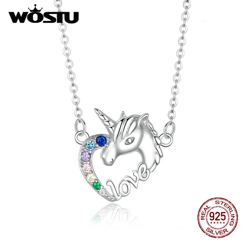 

WOSTU Real 925 Sterling Silver Unicorn Of Love Necklaces Zircon Pendant Long Chain Link For Women Wedding Fashion Jewelry CQN348