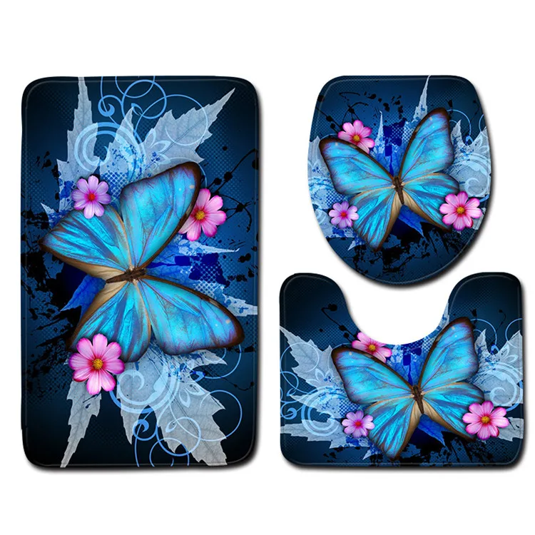 3pcs Bath Mats Butterfly Cartoon Anti Slip Bathroom Mat Set Coral Fleece Floor Bath Mats Washable Toilet Rugs Bathroom Products