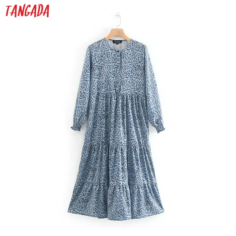 Najtaniej Tangada kobiety niebieski długa sukienka z nadrukiem z długim rękawem łuk krawat szyi moda w stylu vintage panie plisowana sukienka vestidos XN292