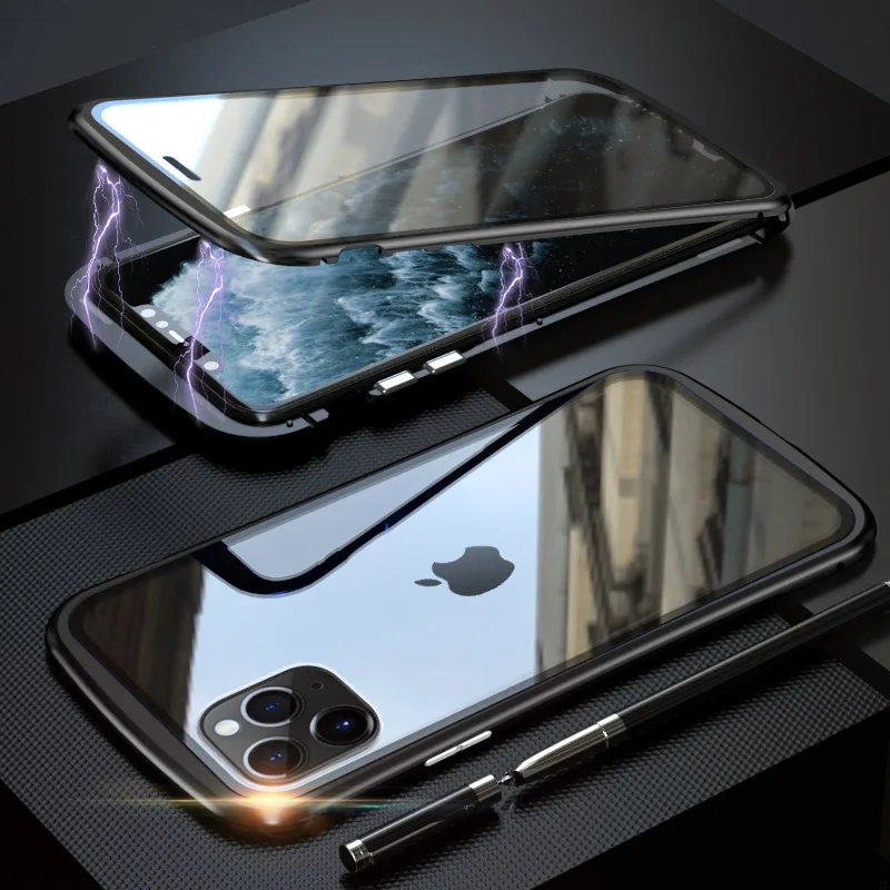 LUPHIE металлическая рамка двухстороннее закаленное стекло для iPhone 11 ОСА Талия ультра тонкий противоударный чехол для iPhone 11 Pro Max - Цвет: Черный