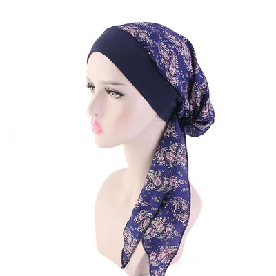 Muslim Women Print Cotton Turban Hat Headscarves Pre-Tied Cancer Chemo Headwear Bandanas Headwrap Caps Navy Insect