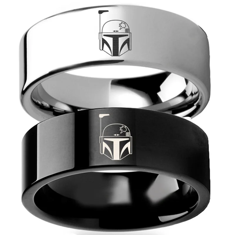 

Hot Movie Star WarsBoba Fett's Helmet Marks Silver Black Titanium Steel Lover Ring Men Wedding Couple Star Wars Ring Accessories