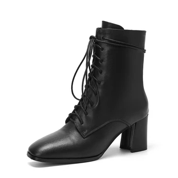 

Genuine Leather Square Heels boots Female Short Boots Winter Newest Women lace up Ankle Boots Party Basic Shoes Woman