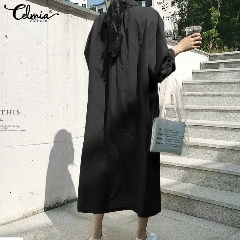 Goedkoop Celmia Lange Shirt Jurk Vrouwen 2019 Herfst Casual Revers Lange Mouw Feestjurk Retro Geplooide Katoen Linnen Vestidos Plus Size 7