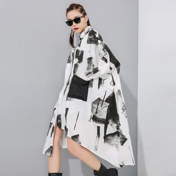 

XUXI Spring Autumn 2020 Women Black Asymmetrical Big Size Long Blouse New Lapel Long Sleeve Loose Fit Shirt Fashion Tide FZ0465