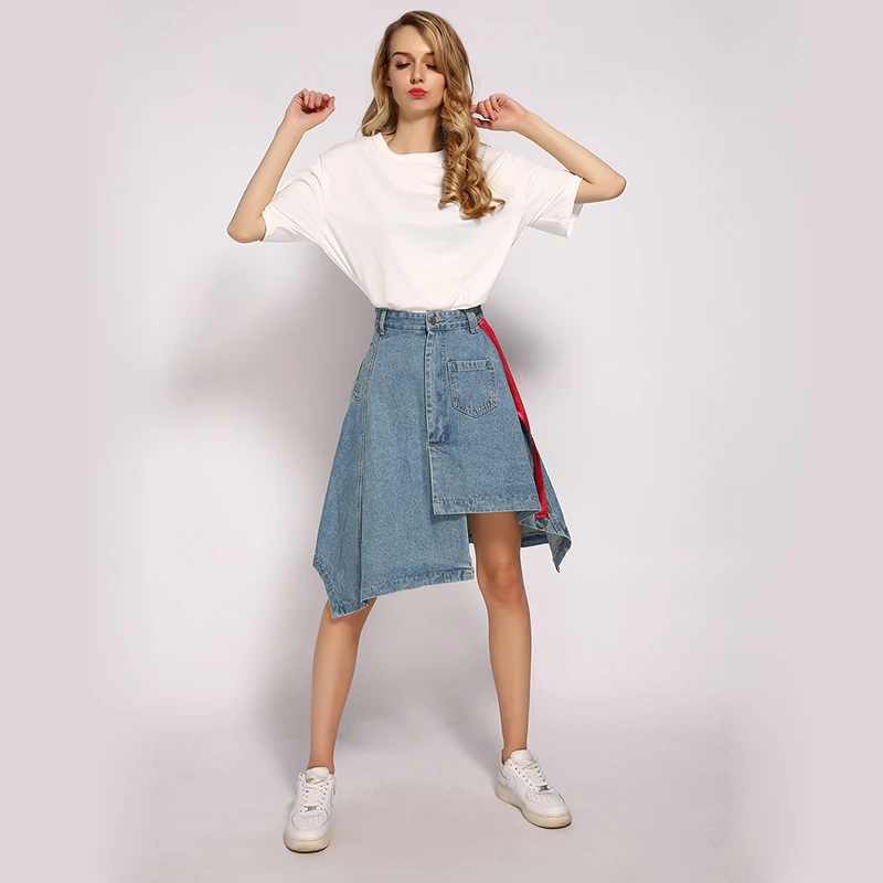 Denim Skirt High Waist A-line Mini Skirts Women New Single Button Belts Pockets Blue Jean Skirt Style Saia Jeans skater skirt