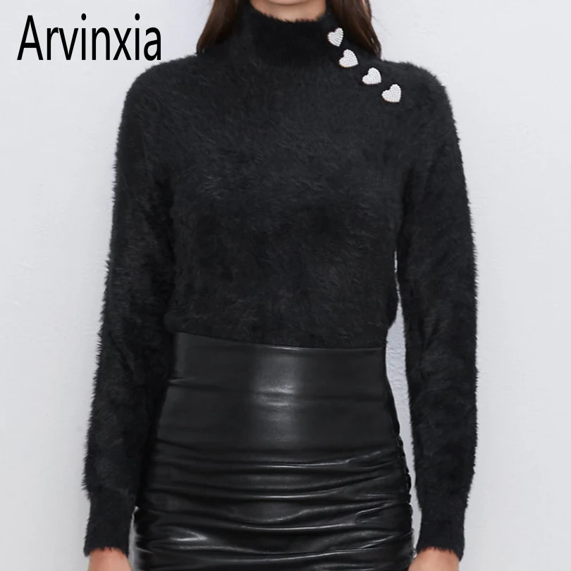 Arvinxia ZA модные однотонные женские свитера с высоким воротом и пуговицами в форме сердца, сексуальный тонкий женский свитер, новая длинная одежда с рукавами, женские пуловеры
