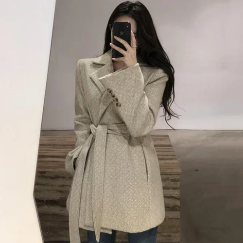 Woolen Coat Female Autumn Winter New Coats Women Long Jacket Casual Plaid Short Overcoat Slim Office Lady Clothing Wool Blends - Цвет: as the picture
