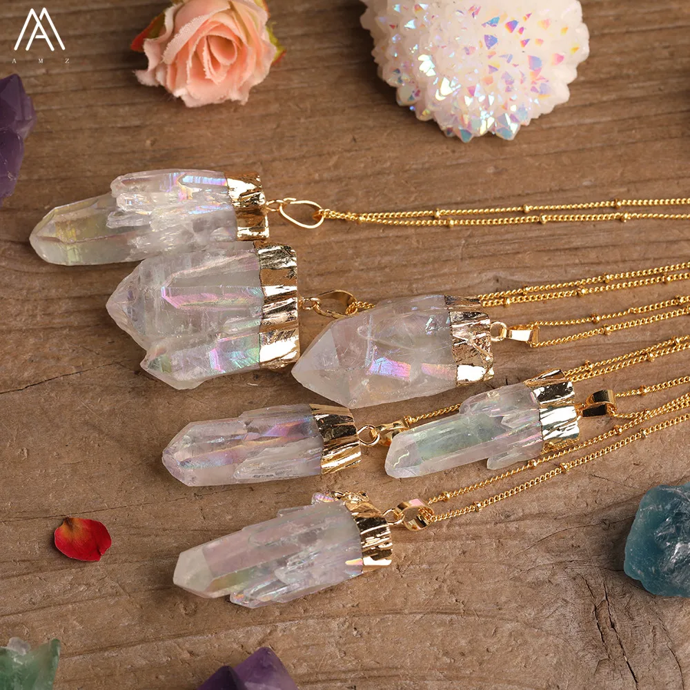 Titanium AB Natural White Quartz Irregular Point Pendant Gold Chains Necklace For Women Quartz Crystal Beads Adjustable Necklace
