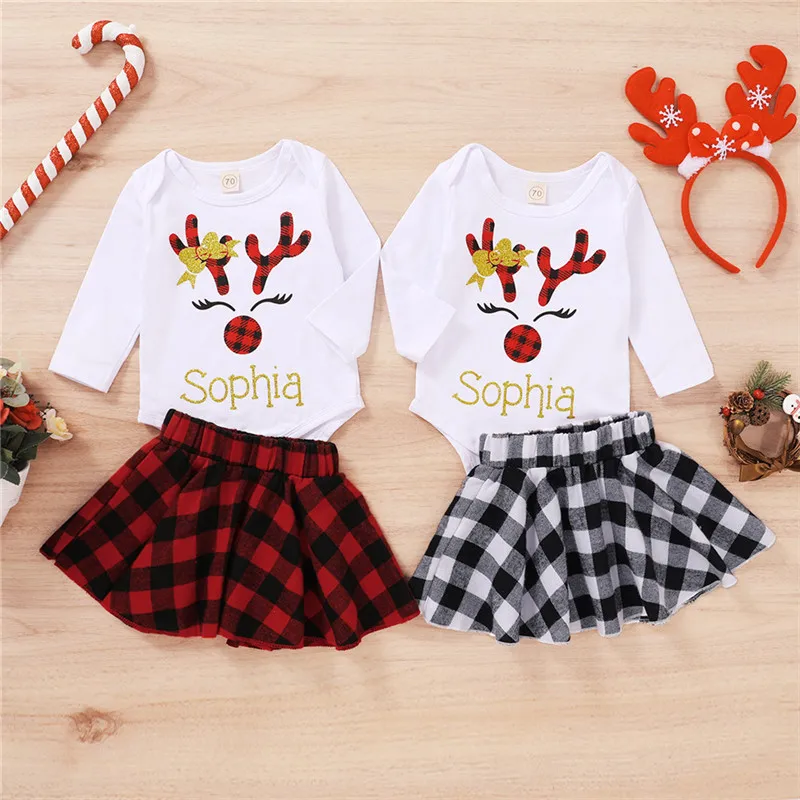 

Two Piece Baby Girl\u2019s Clothes Cartoon Elk Pattern Long-sleeved Jumpsuit and Fashion Plaid A-line Short Skirt
