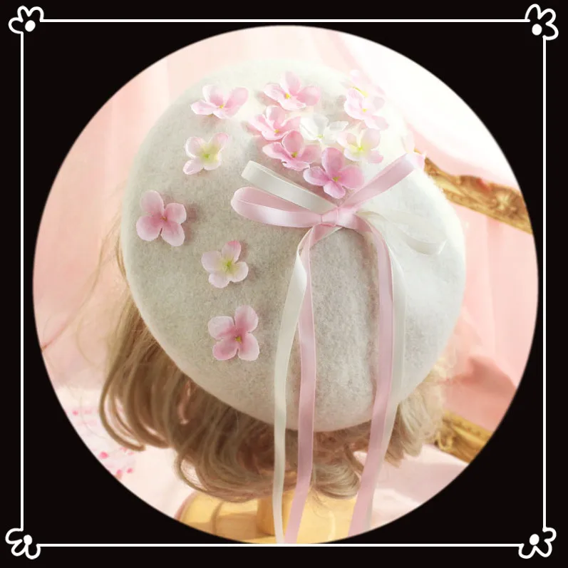 Милая шерстяная шляпа для девочек в стиле Лолиты ручной работы Сезон осень-зима