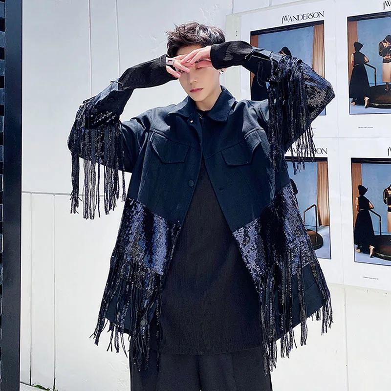 Пиджак с кисточками мужская пайетками повседневная винтажная уличная одежда в