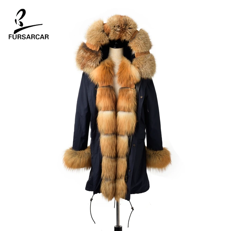 FURSARCAR/Новинка года, Высококачественная настоящая меховая парка с капюшоном, пальто для женщин с мехом кролика Рекс, толстая подкладка, воротник лисы, манжеты, Женская куртка