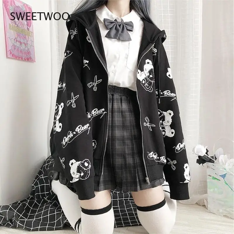Gothic Sweatshirt Women Kawaii Fashion Autumn Winter Women Hoodies Cute Long Sleeve Zip Up Hoodie Plus Velvet Pullover
