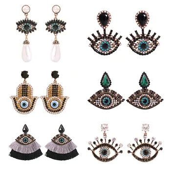 

Fashion Turkish Eye Cz Drop Earrings Rhinestone Crystal Tassel Eye Dangle Earrings Vintage Exaggerated Big Statement Jewelry