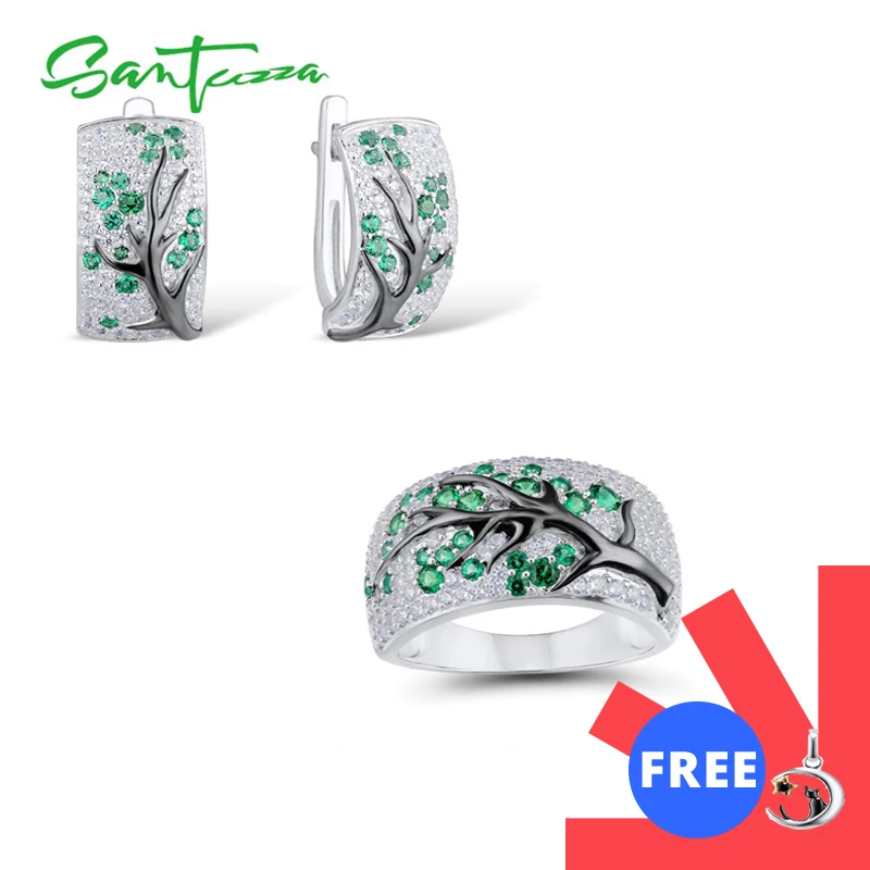 SANTUZZA Silver Jewelry Set for Women Green Branch Cherry Tree Earrings Ring Set 925 Sterling Silver Delicate Fashion Jewelry