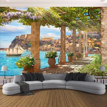 

Custom Mural Wallpaper Pillars Flowers Frame Seaside Scenery 3D Wall Painting Living Room Restaurtant Fresco Papel De Parede 3 D