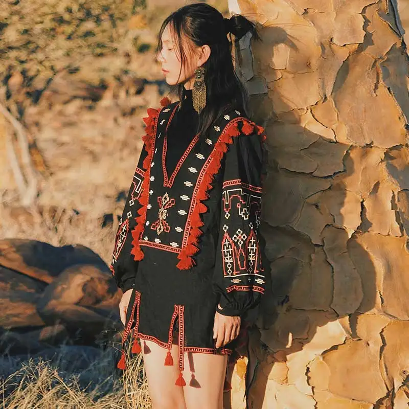 Boho Inspird женская блузка рубашка Ретро Народная украинская вышивка блузки в богемном стиле бахрома с кисточками Топ с длинным рукавом льняные блузы