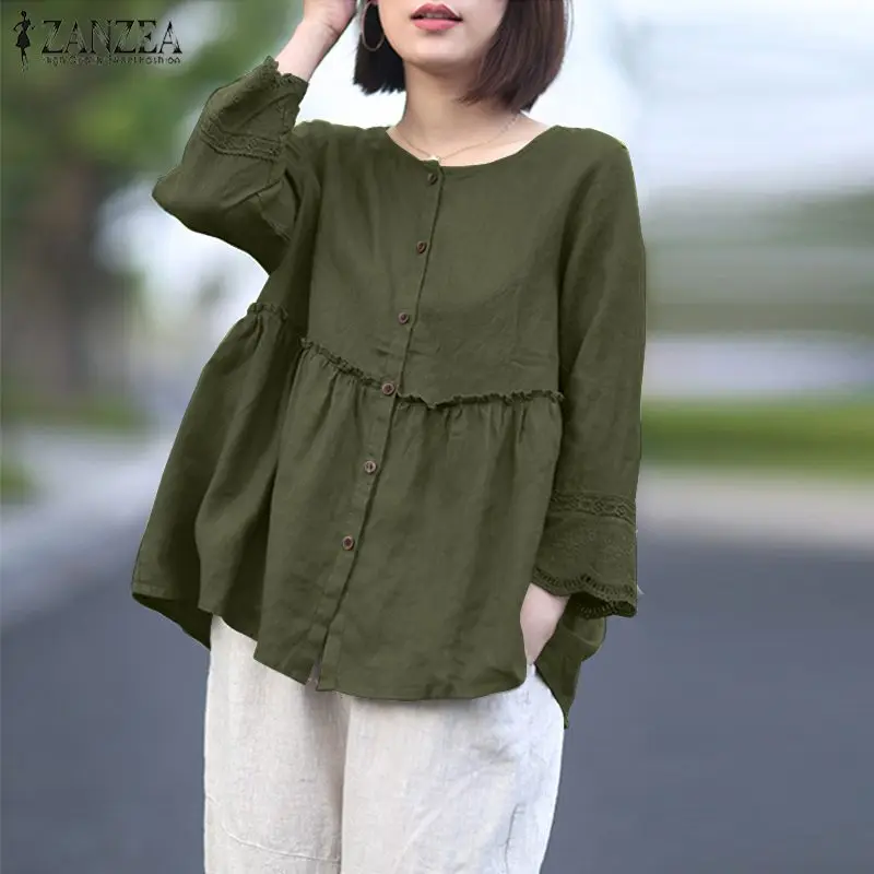 ZANZEA Solid Cotton Linen Blusas Women's Blouse Summer 3/4 Sleeve Lace Crochet Shirt Elegant Buttons Down Tops Ruffles Chemise