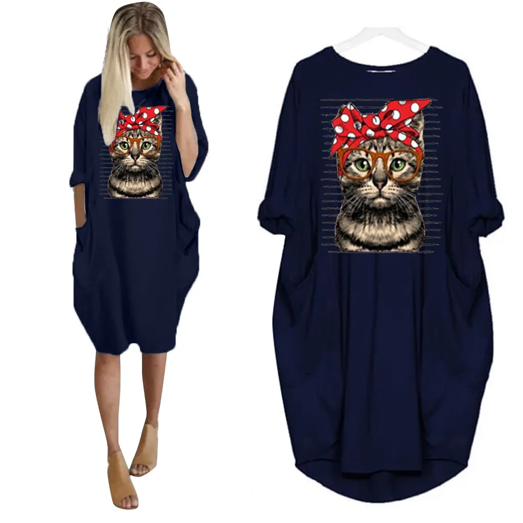 Cat Long Dress Women Plus Size 3XL O-Neck платье Summer Fashion HOT Long Sleeve Printed Short Mini Autumn A-Line Dress Wholesale