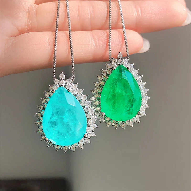 QTT New Ladies Silver Color Chain Necklace Paraiba Lab Emerald Tourmaline  Stone Pendant Necklace Water Drop Jewelry