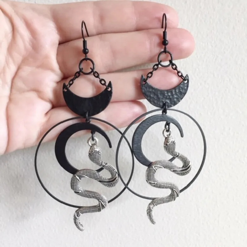 Harvest Ritual Moon Snake Earrings Jewelry Wicca Big Snake Pendant Women Gift Goth Statement Hallowee Grunge pendant earrings animal earrings