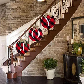 

Christmas Linen Wooden Doors Windows Hanging Staircase Fireplace Scene Arrangement DIY Red Black Lattice Christmas Wreath