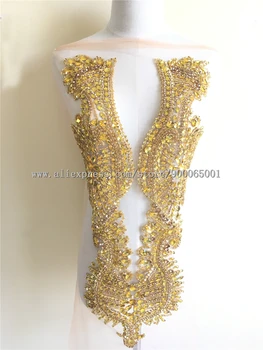 

Deluxe 3D Luxury Bridal Gown Gold Rhinestones crystal bodice applique Decorative Patch Bridal Long Trim Patch for wedding Dress