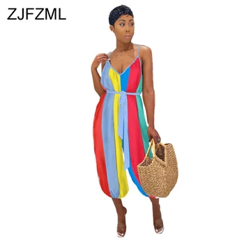 

Rainbow Stripes Sexy Loose Bodysuit Women Deep V Neck Sleeveless One Piece Jumpsuit Summer Causal Straped Belt Plus Size Rompers