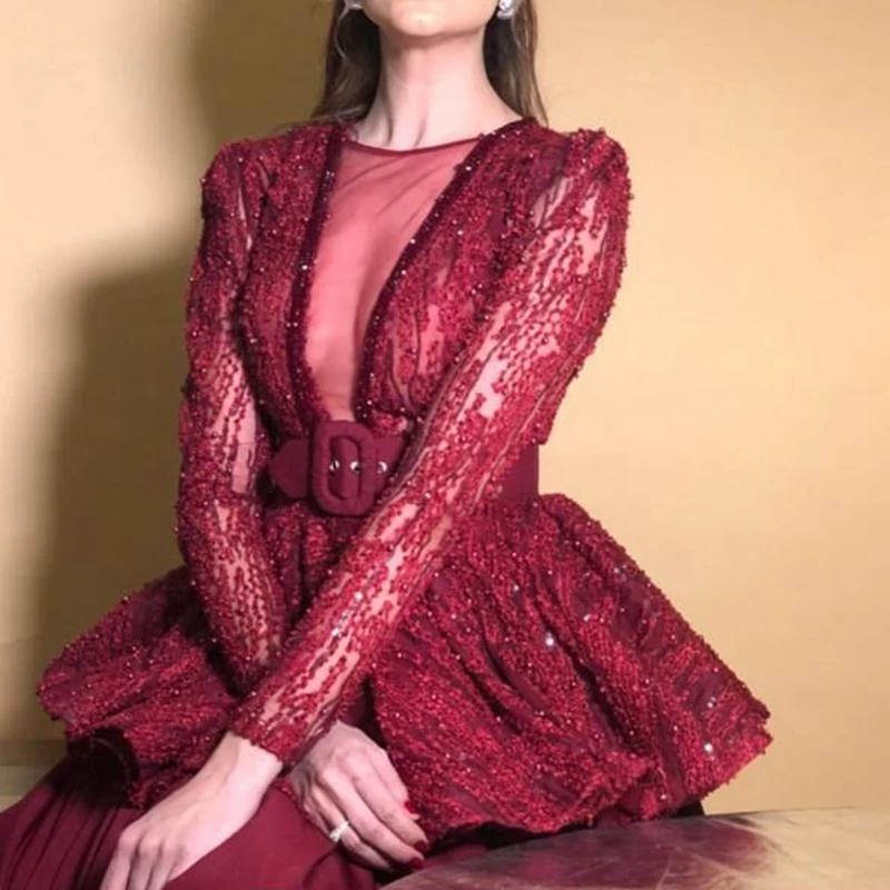 New Arrival Long sleeve evening dresses Burgundy Muslim evening dress Party abendkleid vestido festa