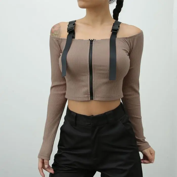 Pop Lady Short Top Solid Color Zipper Buckle Long Sleeve Off Shoulder Crop For Summer Pop 88