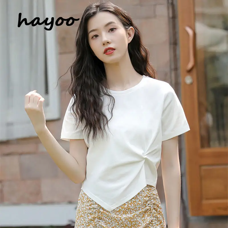 

2021 summer Korean style simple all-match niche short-sleeved T-shirt elastic slim top for women
