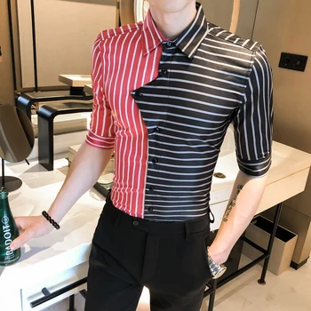

Top Quality Spring Summer Striped Shirts for Men Fashion Patchwork Design Business Work Shirt Men Half Sleeve Slim Fit Tuxedo