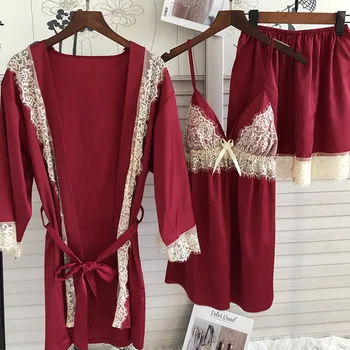 

Kimono Robe Gown Summer Lace Women Suit Nighty&Shorts 3PCS Sleep Set Sexy V-neck Loose Sleepwear Homewear Intimate Lingerie